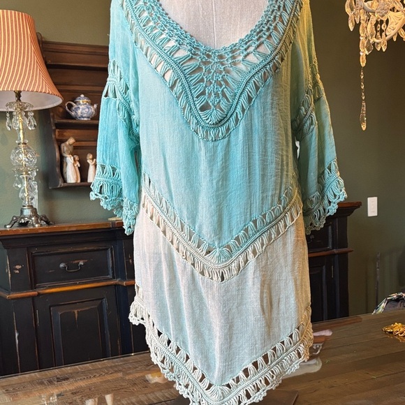 T Party Fashion Tops - Boho Teal ombré Crochet Tunic